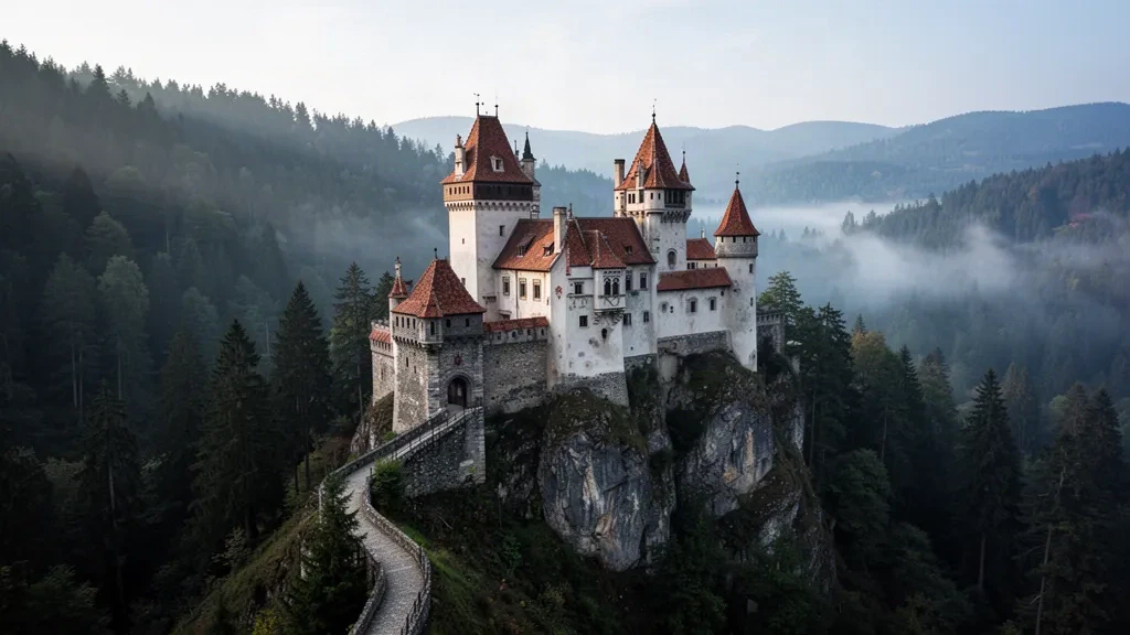 Schloss Bran auf einem felsigen Hügel über dem bewaldeten Karpatental in Siebenbürgen, Rumänien, in sanftem nebligem Morgenlicht