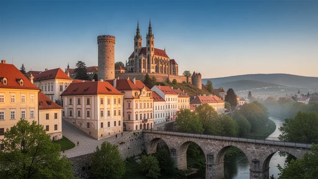 Colina del Castillo en Veszprém, Hungría, con la Torre del Fuego y la Catedral de San Miguel bajo la cálida luz de la tarde