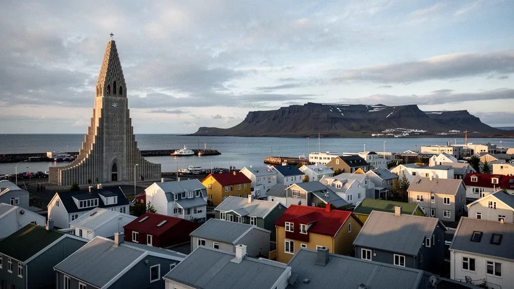 Reykjavík skyline with Hallgrímskirkja church, colourful rooftops and Mount Esja under golden-hour light in Iceland
