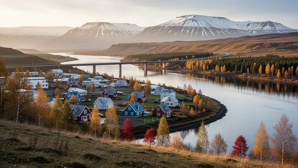 Golden-hour view over Egilsstaðir in East Iceland, with the Lagarfljót river bridge, wooded hills and distant mountains