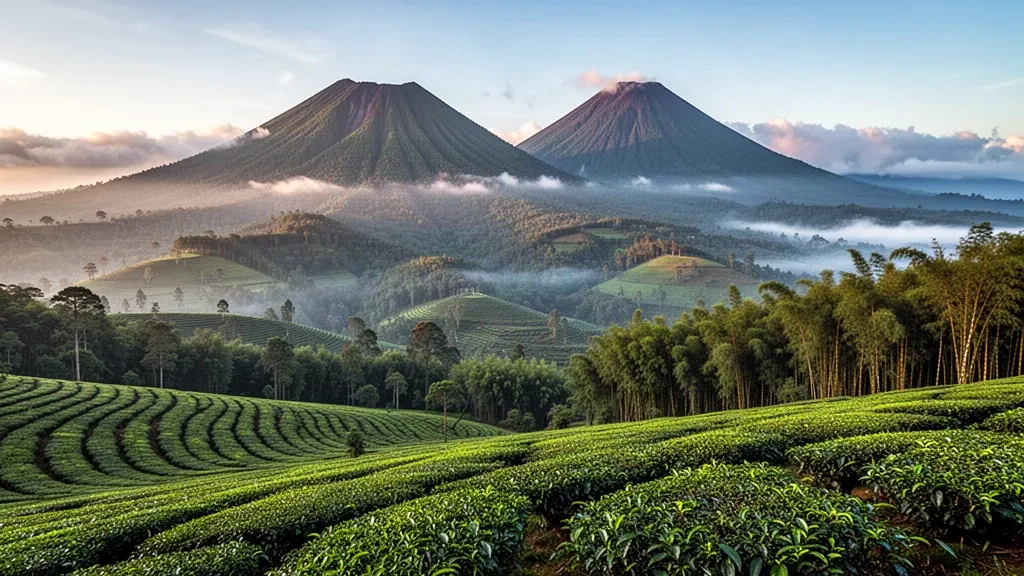 Picos volcánicos de Virunga elevándose sobre terrazas de té esmeralda y colinas de selva tropical brumosa en el Parque Nacional de los Volcanes de Ruanda al amanecer
