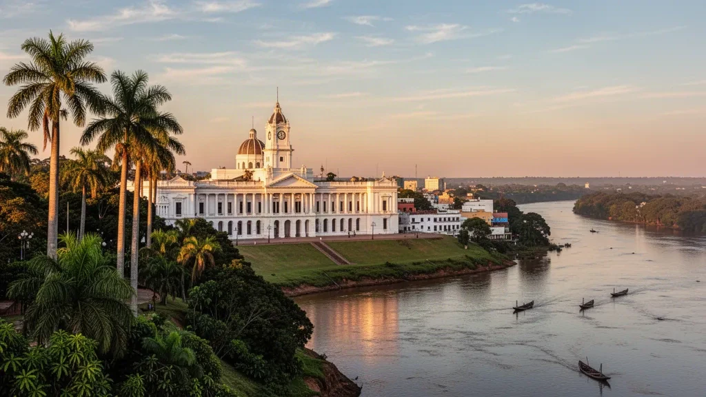 Neoklassizistischer Palacio de López über dem Paraguay-Fluss in Asunción zur goldenen Stunde, umrahmt von Palmen und historischen Dächern der Stadt