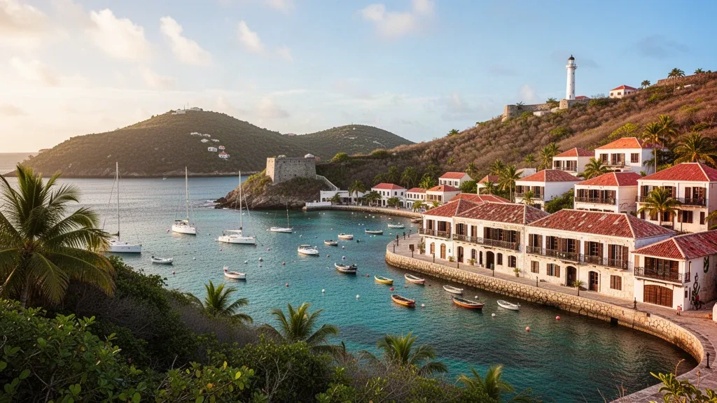 Saint-Barthélemy, Fransız Karayipler'deki Gustavia limanının parlak bir öğleden sonra turkuaz suları ve kırmızı çatılı evleri.