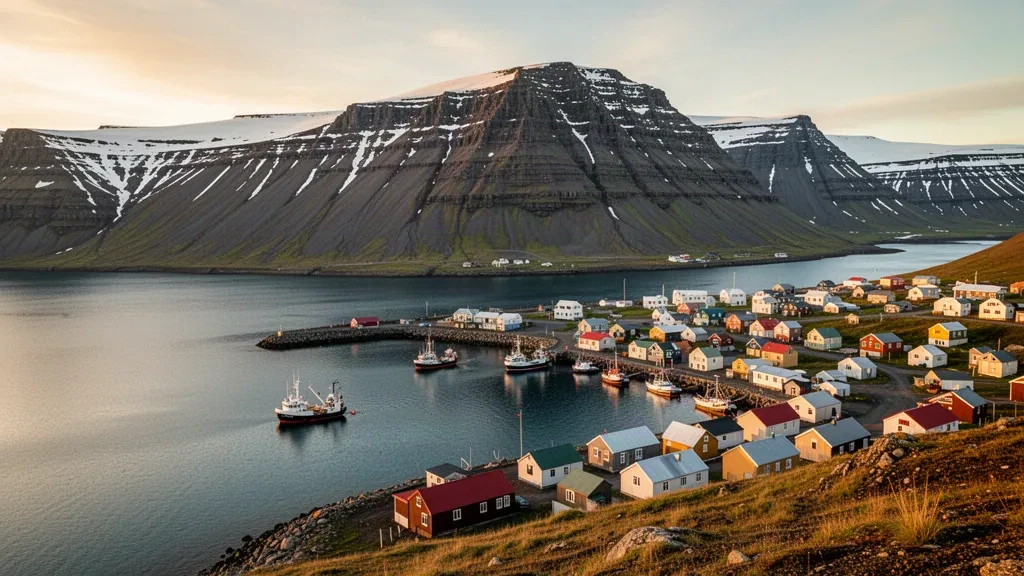 Vue en hauteur du port d'Ísafjörður et de la ville colorée dans les Westfjords du Nord-Ouest de l'Islande, encadrée par des montagnes escarpées.