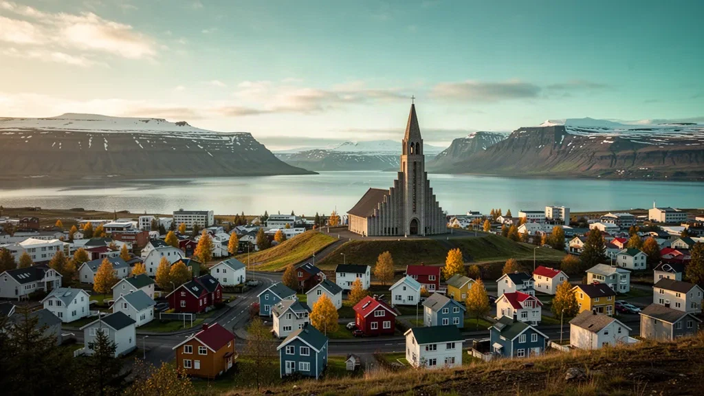 Église Akureyrarkirkja au-dessus de la ville d'Akureyri avec des toits colorés et le fjord Eyjafjörður dans le nord-est de l'Islande