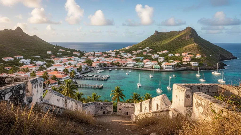 Veduta panoramica sulla Baia di Marigot e Fort Louis sul lato francese di Saint-Martin, con tetti creoli e mare caraibico turchese