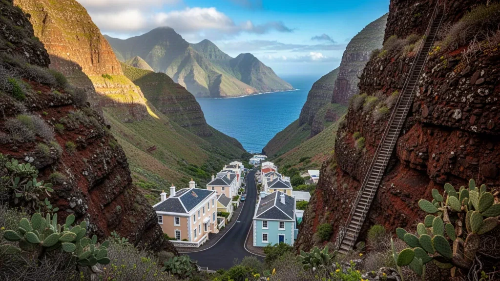 Maisons pastel de Jamestown et l'échelle de Jacob dans une vallée volcanique escarpée à Sainte-Hélène, avec l'Atlantique Sud visible à l'embouchure de la vallée.