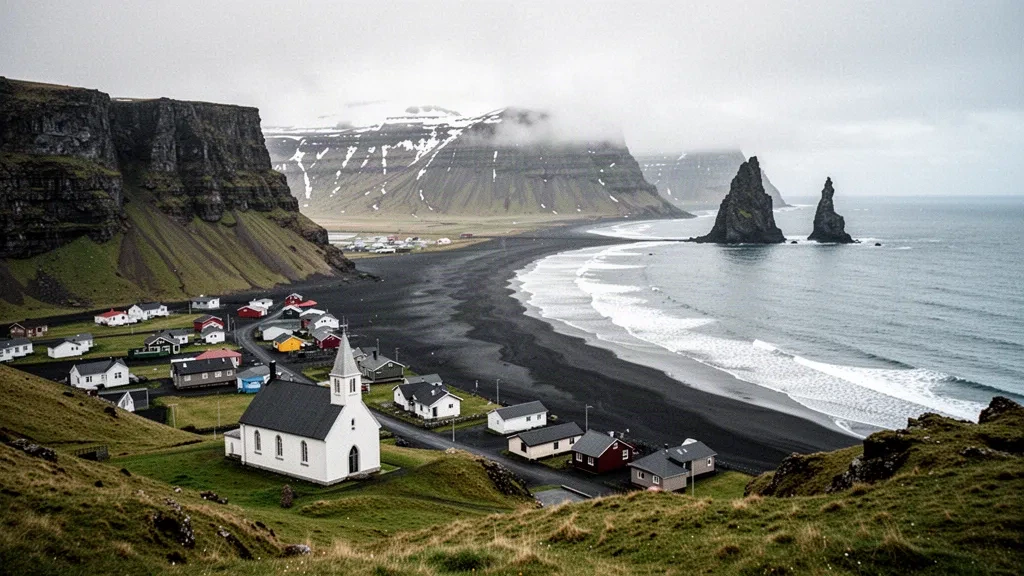 Kirche und Dorf Vík í Mýrdal oberhalb des schwarzen Sandstrands Reynisfjara mit den Felsnadeln Reynisdrangar an der Südküste Islands