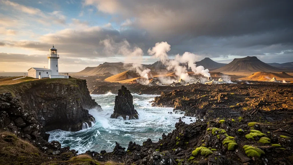 Vapeur géothermique et champs de lave noire sur la péninsule méridionale de l'Islande, avec le phare de Reykjanesviti au-dessus de l'Atlantique à l'heure dorée