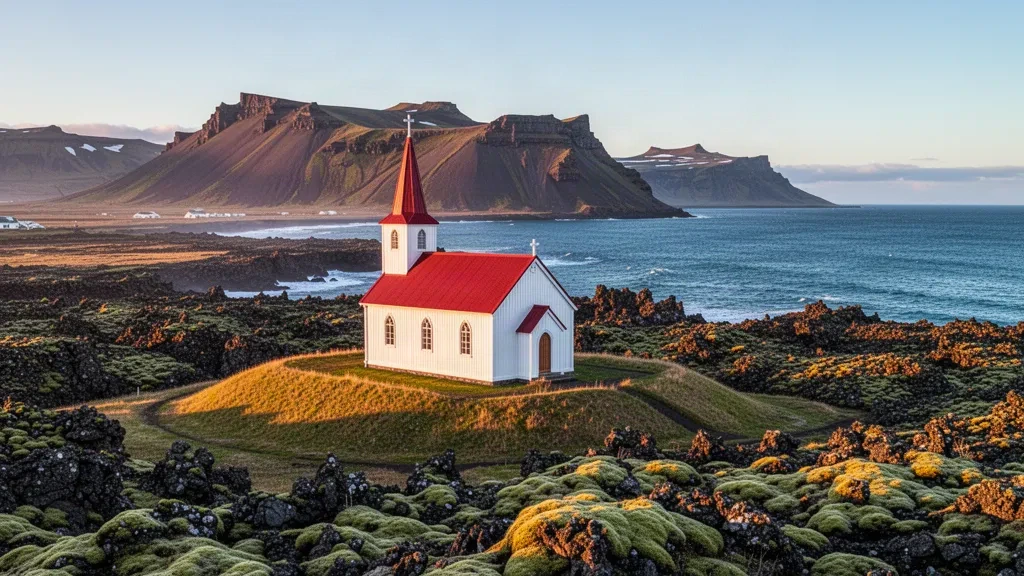 White wooden Vogarkirkja church with red roof on a grassy hill in Vogar, Iceland, overlooking the ocean and volcanic mountains under golden hour light.