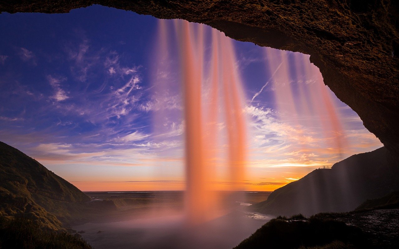 Islandia, paisaje, agua, cielo, naturaleza, sol, atardecer, aguas, cascada, Seljalandsfoss