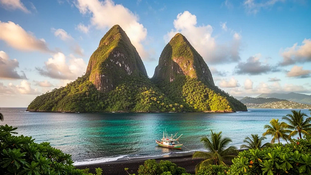 Los Pitones volcánicos gemelos elevándose sobre el mar Caribe cerca de Soufrière, Santa Lucía, enmarcados por una exuberante selva tropical tropical a la hora dorada