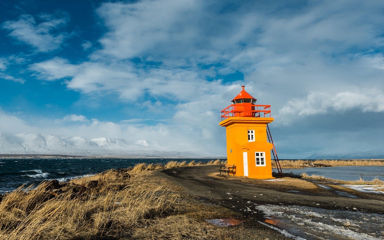 Islandia, naturaleza, faro, costa, paisaje, nubes, viento, invierno
