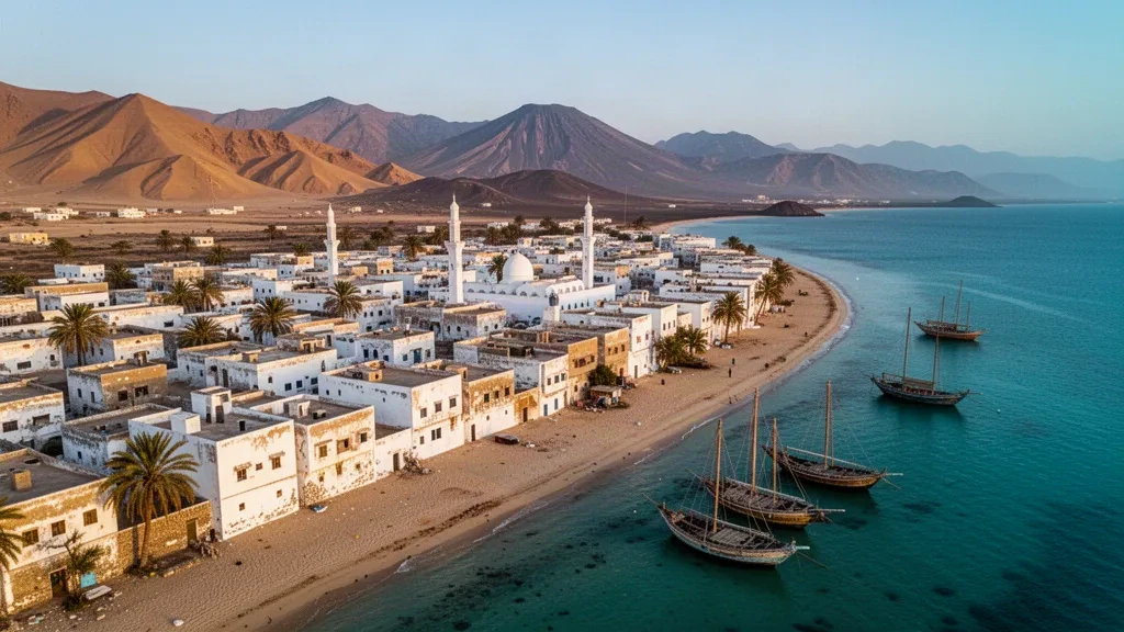 Centro storico imbiancato di Tadjourah sul turchese Golfo di Tadjoura in Gibuti, con storici minareti e dhow tradizionali lungo la riva