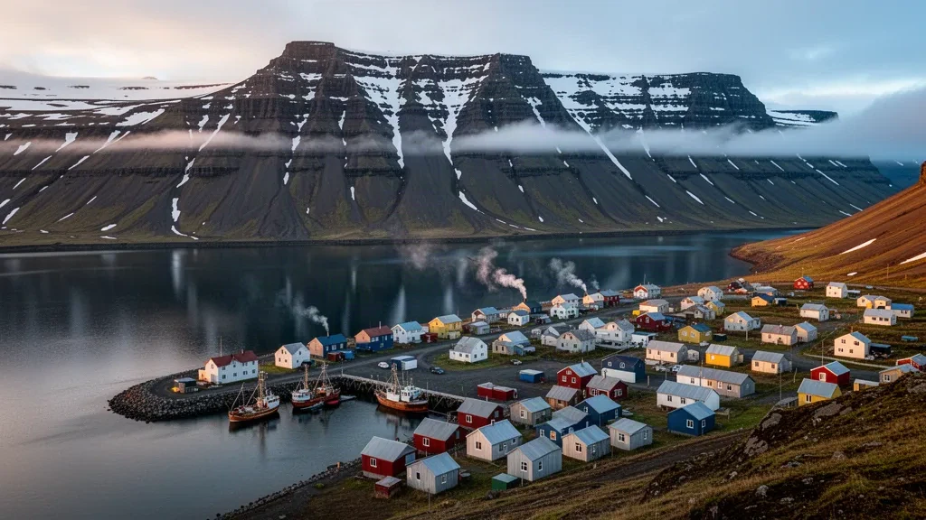 Ísafjörður town and steep snow-streaked mountains mirrored in the calm fjord waters of Iceland's Westfjords at golden hour