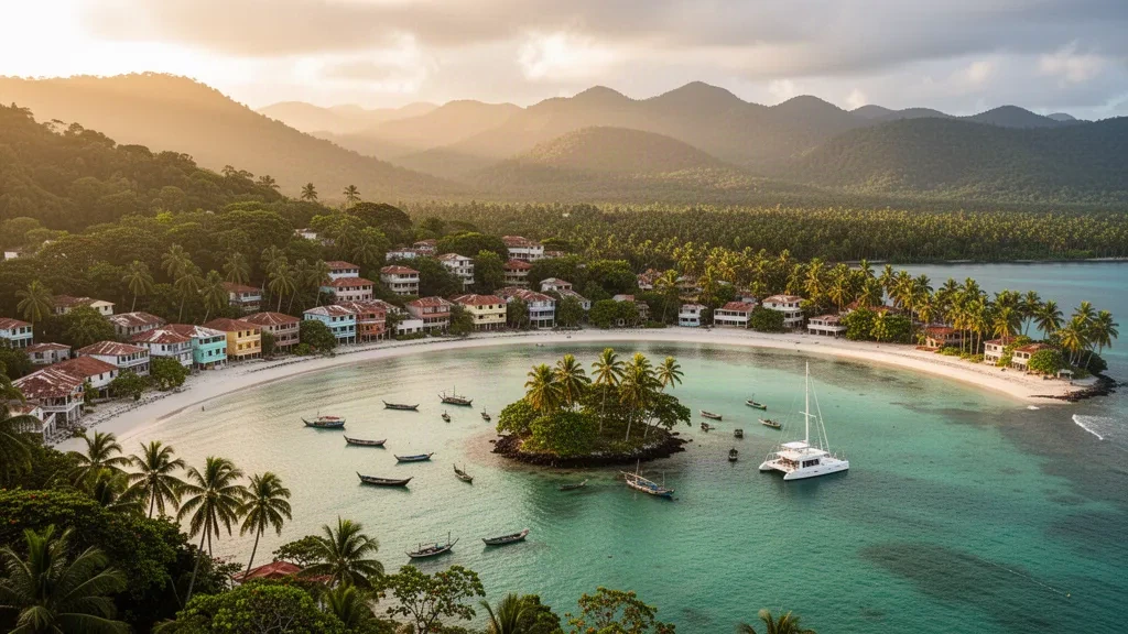 Bucht von Samaná in der Dominikanischen Republik mit einer palmenumsäumten kleinen Insel, türkisfarbenem karibischem Wasser und grünen Bergen zur goldenen Stunde