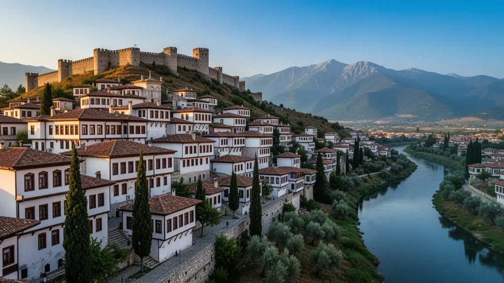 Weiße osmanische Häuser, die sich an einem Hang unterhalb der Burg von Berat in Berat, Albanien, über dem Fluss Osumi in warmem Nachmittagslicht staffeln