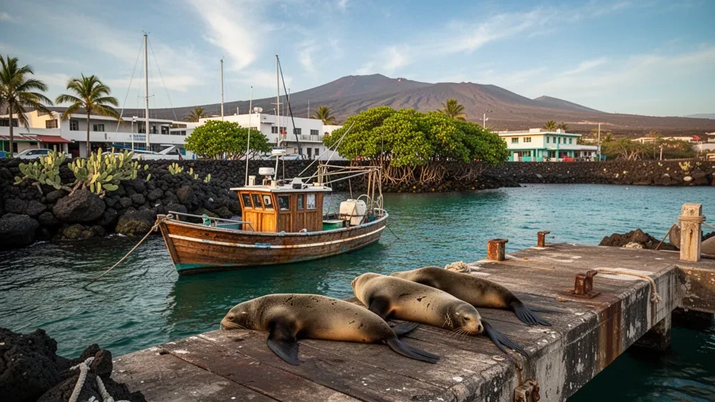 Seelöwen ruhen auf dem Dock am Hafen der Uferpromenade von Puerto Ayora, Insel Santa Cruz, Galápagos, Ecuador, im warmen Nachmittagslicht