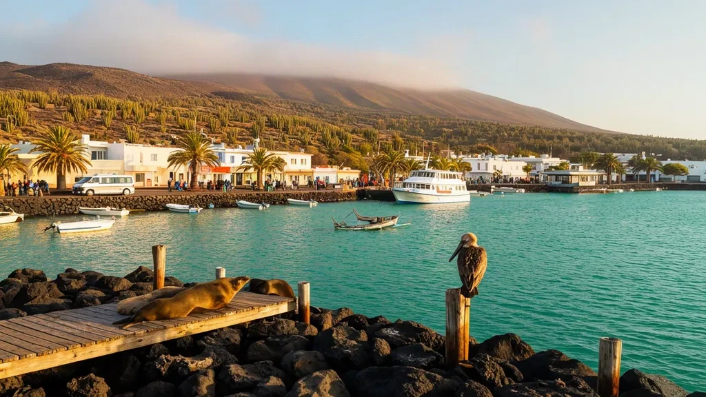 Lobos marinos y barcos pesqueros a lo largo del malecón de Puerto Ayora en la Isla Santa Cruz, Galápagos, a la hora dorada