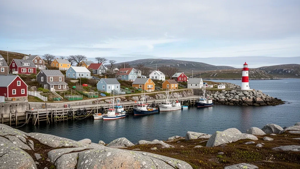 Maisons en bois colorées et bateaux de pêche autour du port de Saint-Pierre, Saint-Pierre-et-Miquelon, sous la douce lumière de l'Atlantique Nord