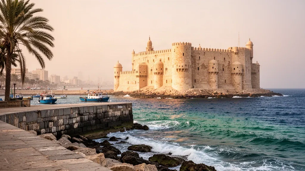 Forteresse de la citadelle de Qaitbay sur la côte méditerranéenne d'Alexandrie, en Égypte, à l'heure dorée avec des bateaux de pêche et des murs en pierre chaude