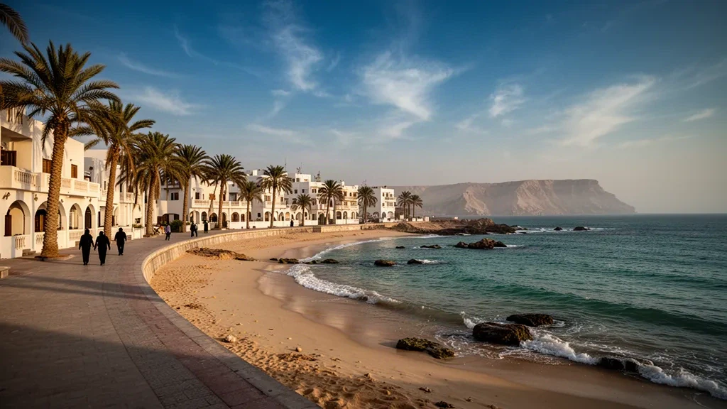 Mısır'da Marsa Matruh plajı boyunca altın saatte beyaz badanalı binalar ve palmiye ağaçlarıyla turkuaz Akdeniz kordonyolu