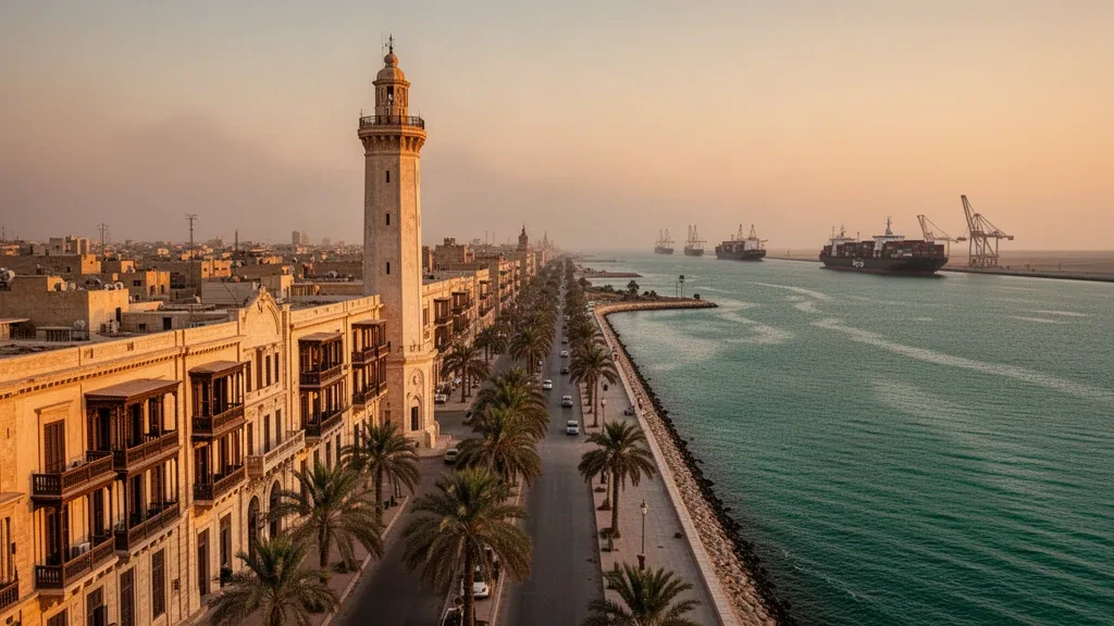 Uferpromenade von Port Said zur goldenen Stunde mit der Einfahrt zum Suezkanal, Frachtschiffen und Architektur aus der Kolonialzeit entlang der Mittelmeer-Corniche