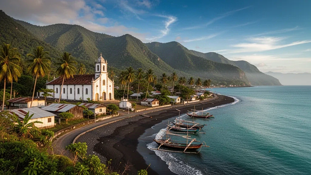 Chiesa coloniale imbiancata e spiaggia di sabbia nera a Liquiçá, Timor-Leste, con barche da pesca sul Mar di Savu durante l'ora dorata