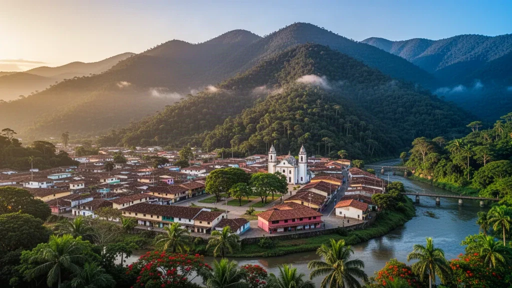 Zamora Chinchipe, Ecuador: Amazonasstadt Zamora mit Dächern aus Terrakotta, umgeben von nebligen Regenwaldhügeln und einem Fluss zur goldenen Stunde