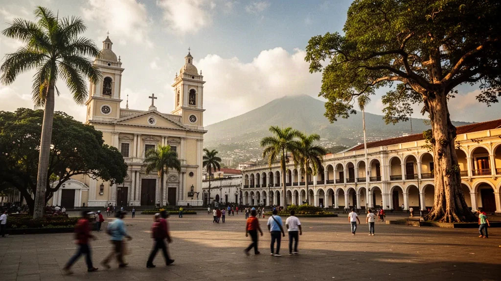 Blick zur goldenen Stunde auf die Plaza Libertad in San Salvador, mit der Metropolitan-Kathedrale und dem Nationalpalast, die das historische Zentrum rahmen.