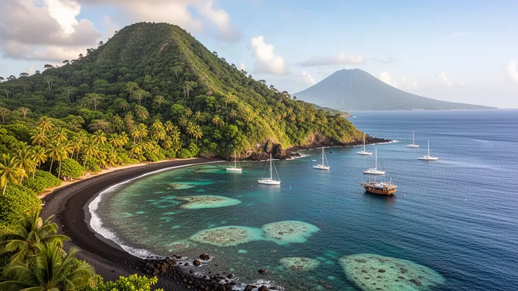 Türkisfarbene karibische Bucht und üppige grüne vulkanische Hügel an der Küste von St. Vincent und die Grenadinen mit vor Anker liegenden Segelbooten unter tropischem Sonnenlicht