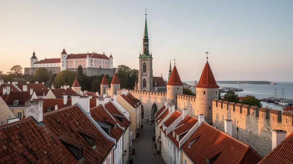 Tallinn Old Town skyline with medieval wall towers and church spires in Harju County, Estonia, at golden hour