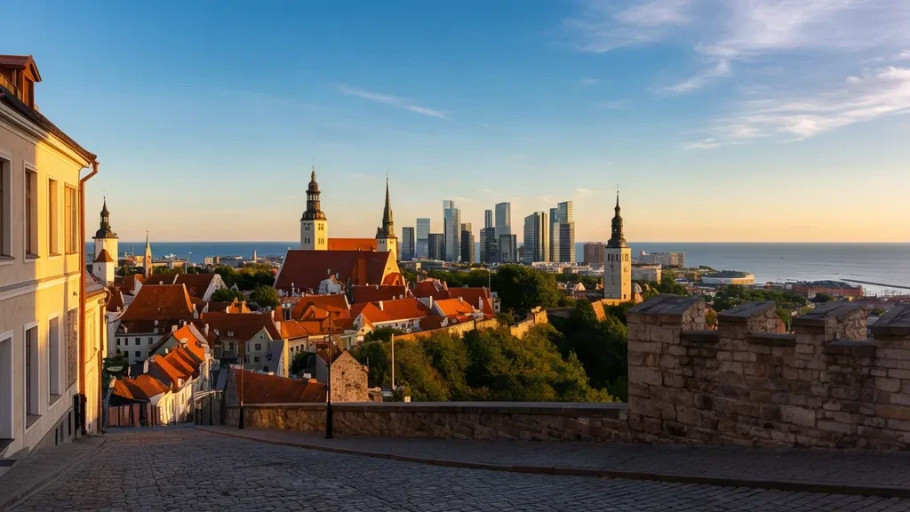 Blick zur goldenen Stunde über die Turmspitzen der Tallinner Altstadt und die moderne Skyline des Kreises Harju, mit dem Horizont der Ostsee jenseits der estnischen Hauptstadt