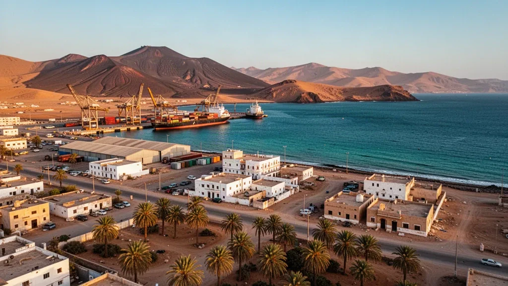 Eritre, Assab'ın Kızıldeniz kıyısından görünümü; liman vinçleri, kurak dağlar ve altın saatte turkuaz su