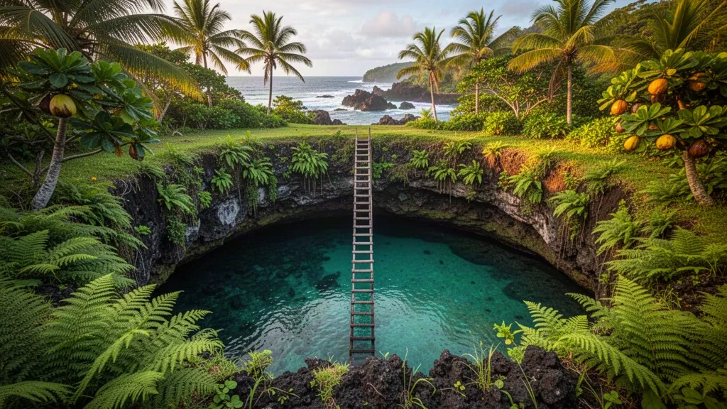Eau turquoise dans la To Sua Ocean Trench à Samoa, entourée d'une forêt tropicale luxuriante avec une échelle en bois descendant vers la piscine
