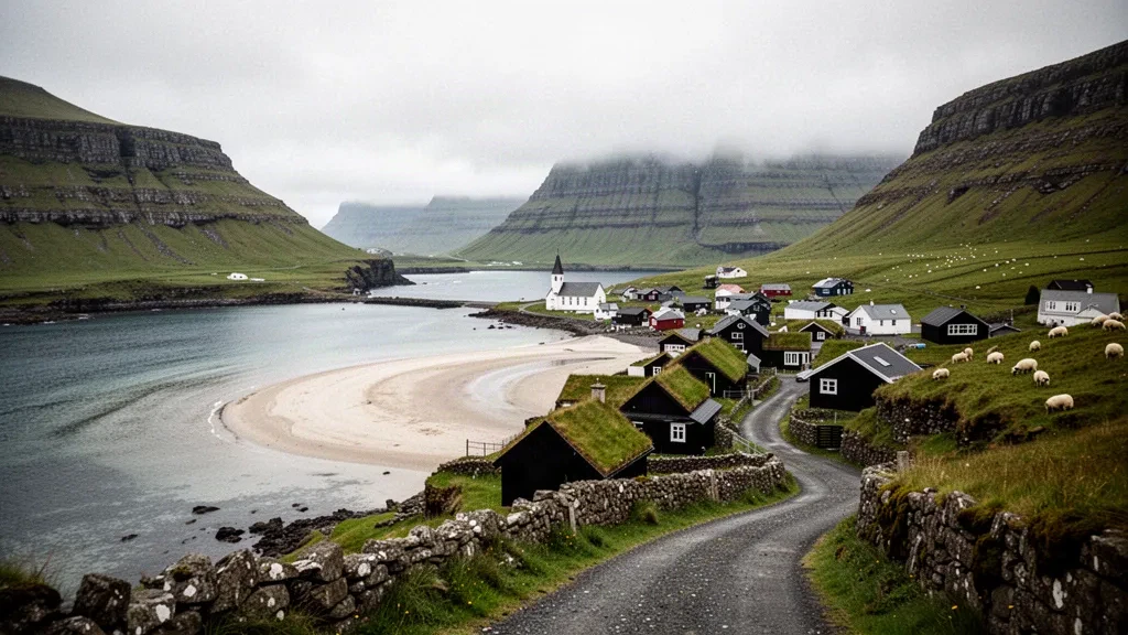 Pueblo de Sandur, bahía de arena y colinas verdes en la isla de Sandoy, en las Islas Feroe, bajo una suave luz nublada