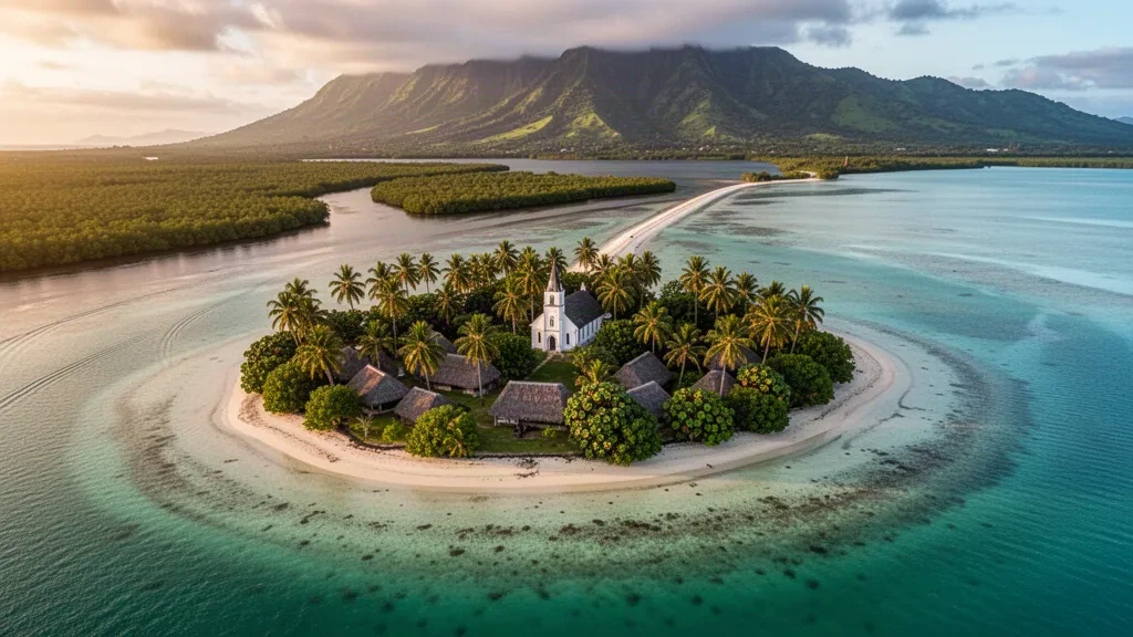 Fiji, Tailevu'da Bau Adası'nın havadan görünümü; geleneksel sazdan bureler ve hindistan cevizi palmiyeleri turkuaz lagün suyuyla çevrili