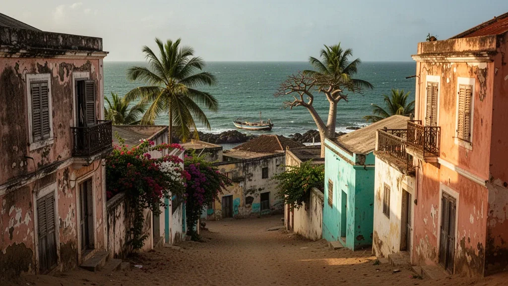 Pastel colonial houses and a sandy lane on Gorée Island, Senegal, with bougainvillea and the Atlantic Ocean in warm afternoon light
