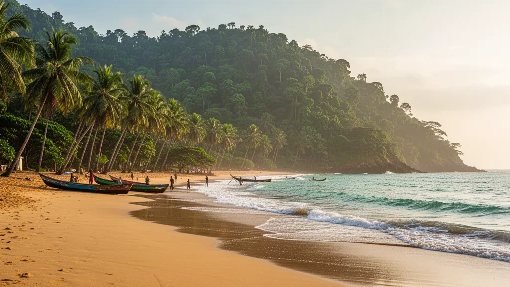 Golden sands and leaning coconut palms at River No. 2 Beach on Sierra Leone's Freetown Peninsula, with green hills meeting the Atlantic.