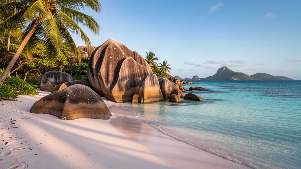 Turquoise lagoon, coral sand and sculpted granite boulders framed by coconut palms at Anse Source d'Argent on La Digue, Seychelles