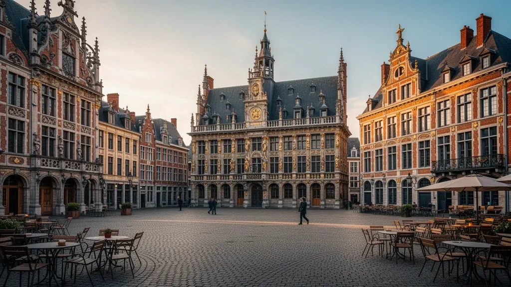 Fransa'nın Hauts-de-France bölgesindeki Lille'de bulunan tarihi Grand Place meydanı; altın saatlerde süslü Flaman Rönesans cepheleri ve arnavut kaldırımlı meydan.