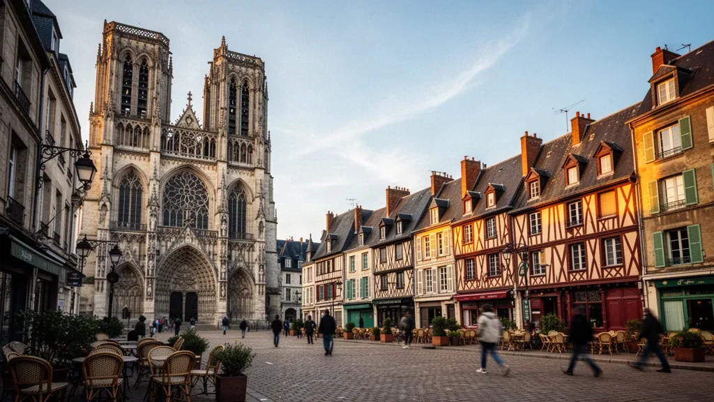 Kathedrale von Rouen und mittelalterliche Fachwerkstraßen in der Normandie, Frankreich, in warmem Licht zur goldenen Stunde