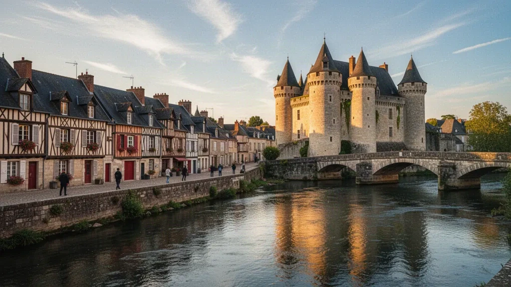 Histórico Château des Ducs d'Alençon y casas de entramado de madera junto al río reflejadas en el agua en Orne, Normandía, Francia, a la hora dorada