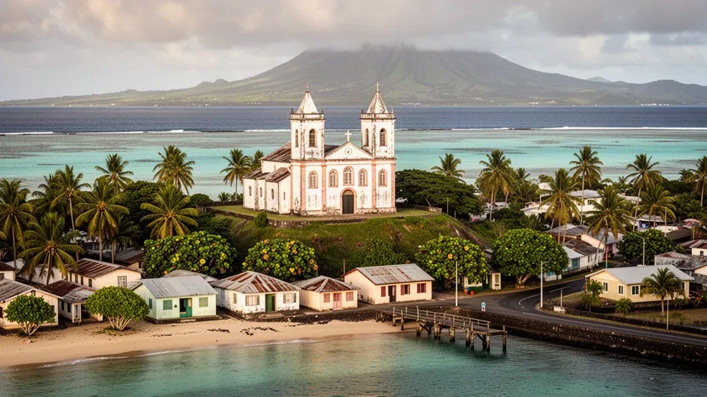 Cathédrale de Mata-Utu surplombant le lagon turquoise de l'île de Wallis, Wallis-et-Futuna, Pacifique Sud