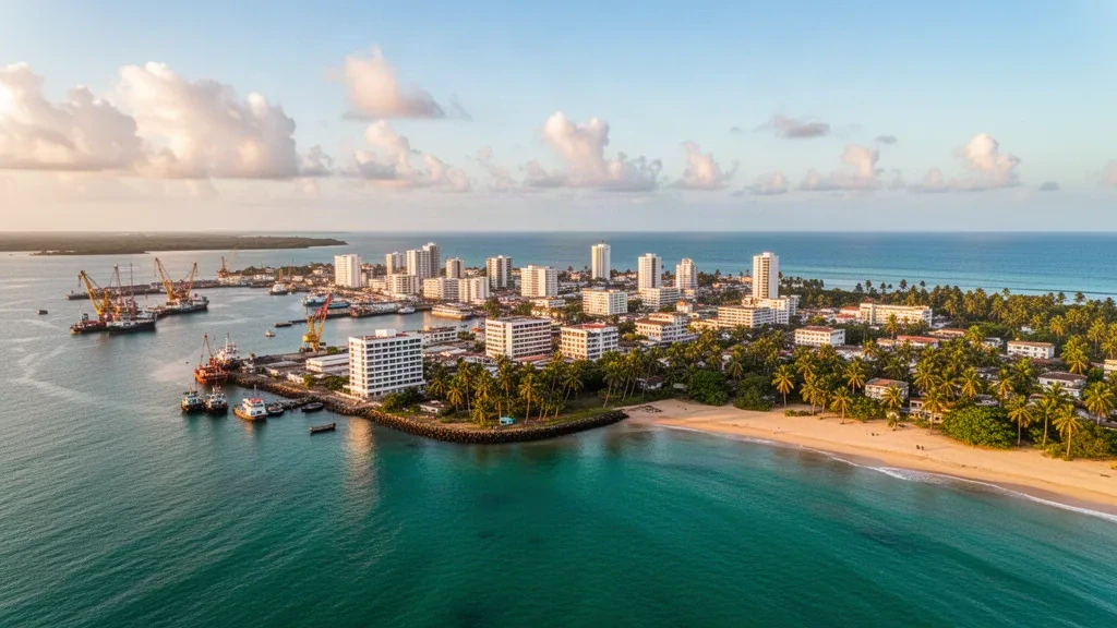 Vue aérienne de Port-Gentil, au Gabon, montrant le skyline côtier, le port et l'océan Atlantique à l'heure dorée.