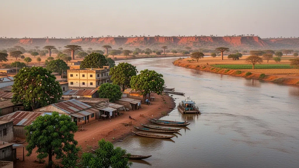 Vista durante la hora dorada sobre el río Gambia en Basse Santa Su, la ciudad ribereña en el corazón de la Upper River Region de Gambia