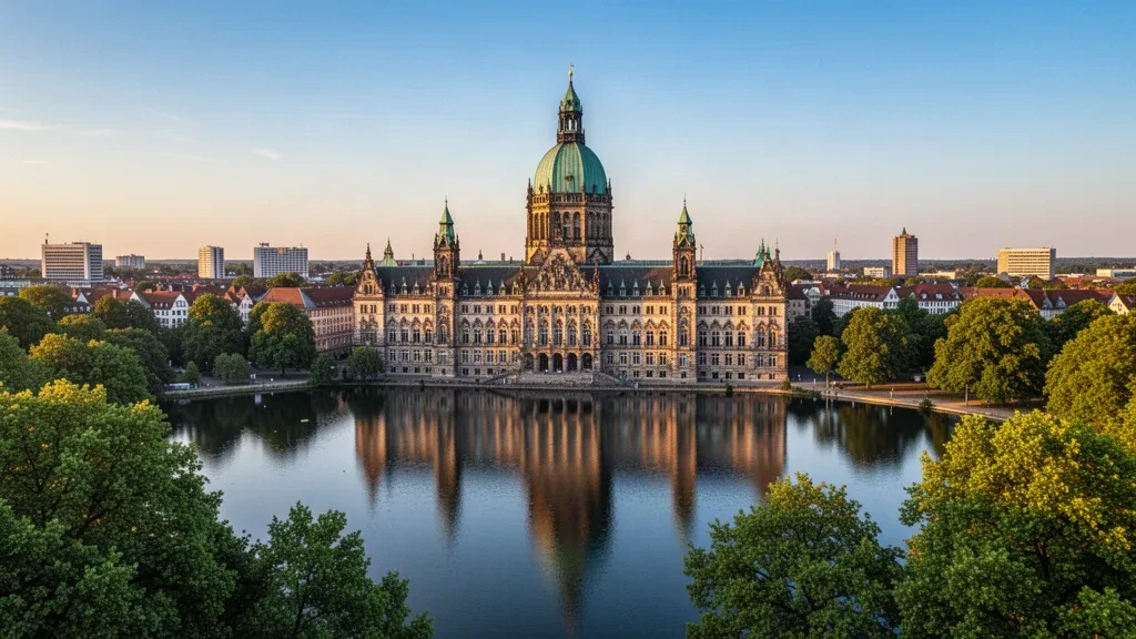 Panoramablick auf Hannover, Niedersachsen, mit dem Neuen Rathaus und dem Maschsee zur goldenen Stunde.
