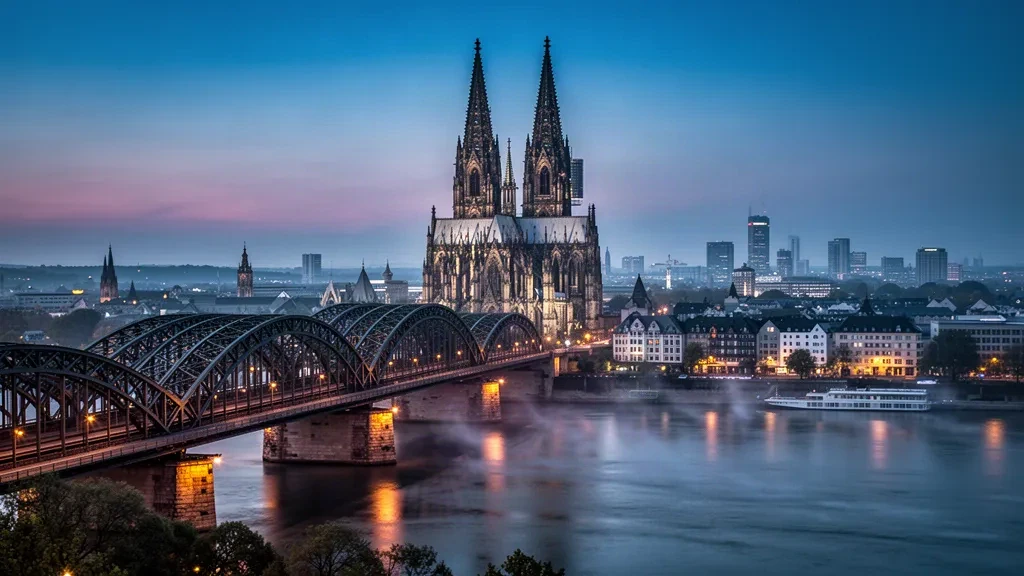 Duomo di Colonia e Ponte Hohenzollern sul Reno all'ora blu in Renania Settentrionale-Vestfalia, Germania