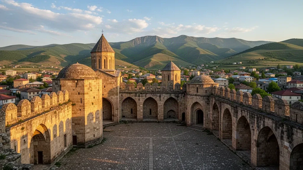 Castillo de Rabati en Akhaltsikhe, Samtskhe-Javakheti, Georgia, durante la hora dorada, con torres de piedra y colinas circundantes.