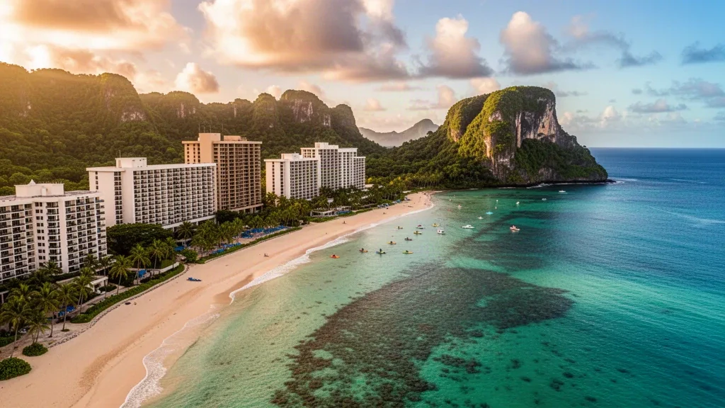 Aguas turquesa de la Bahía de Tumon curvándose junto a torres de hoteles, palmeras y colinas verdes en Tamuning, Guam, a la hora dorada